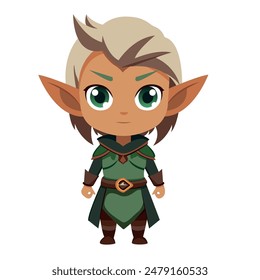 A little elf with long ears in green knight armor on a green background. This fairy tale character is perfect for fantasy and storybook illustrations.