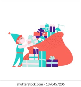 Little elf puts gift box in Santa Claus sack. Big red hood with Christmas gifts and sanitizer. Flat vector illustration