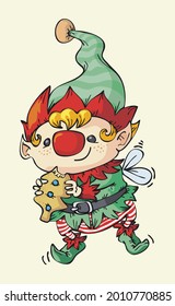 Little elf with red nose and gingerbread