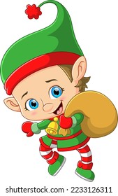 Little elf running and carrying gifts sack of illustration