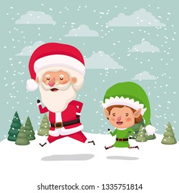 little elf and santa claus characters in snowscape