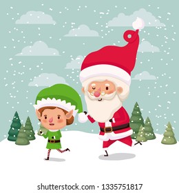 little elf and santa claus characters in snowscape