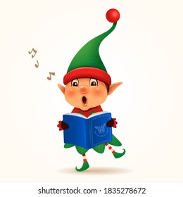 Little Elf singing Christmas carol. Isolated.