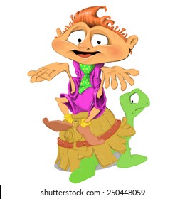 Little elf sitting on a frightened turtle.