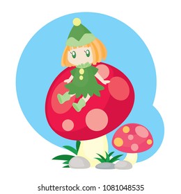 Little Elf Sitting on Mushroom