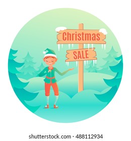 Little elf standing near wooden signboard with text "sale". Vector design template with concept