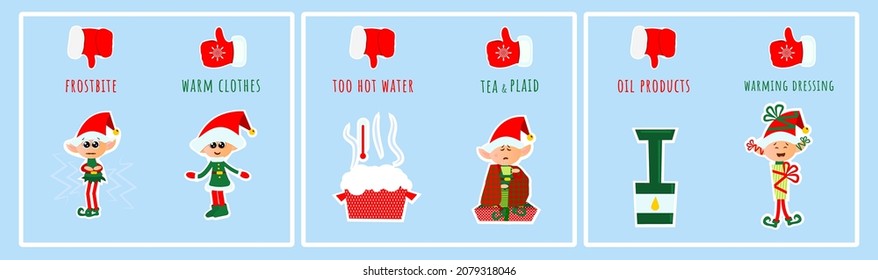 The little elf tells what can and cannot be done during hypothermia in winter. Infographic stickers for kids posters about frostbite.