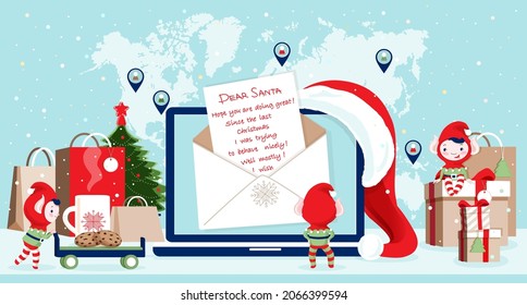 Kleine Elfen arbeiten mit Weihnachtsgeschenken für Kinder und helfen dem Weihnachtsmann. Elfs lesen Kinderbrief auf Laptop-Bildschirm geöffnet, bringen Kekse mit. Moderne Online-Mail-Technologie. Cartoon-Stil, Vektorgrafik