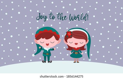 Little elves chibi style. Christmas card template. Cute characters elf boy girl. Funny Santa`s helpers sing carols. Merry Christmas greeting. Joy to the world text. Whimsical vector kids illustration.