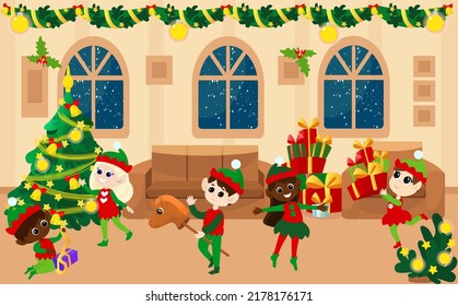 Little elves play inside the house. A room from the inside in a house decorated before Christmas. The room has windows, a brown sofa and armchair, a Christmas tree and gift boxes. The mood of comfort.