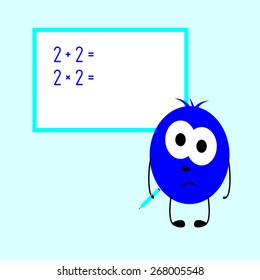 Little embarrassed navy colored monster with big oval eyes, black nose and mouth stands near school board and holds blue pen in his hand
