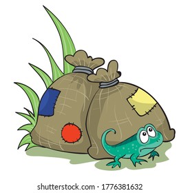 little emerald lizard on the background of two large packed bags with color patches, cartoon illustration, isolated object on a white background, vector illustration, eps