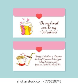 Little envelopes, postcards. Vector greeting cards about love. With Valentine's day. Cute cartoon concept about love. Sausage with mustard and a mug of beer, Cola and popcorn.