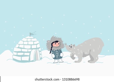 little eskimo girl with polar bear and igloo on polar pole