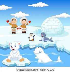 Little Eskimo kids with arctic animals and igloo house background