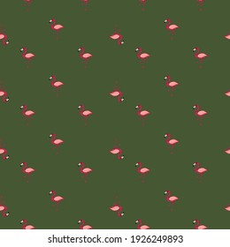 Little exotic zoo seamless pattern with doodle pink flamingo ornament. Green olive background. Graphic design for wrapping paper and fabric textures. Vector Illustration.