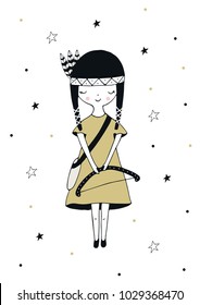 Little Explorer - Cute hand drawn nursery poster with girl and lettering in scandinavian style. Kids vector illustration.