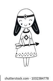 Little Explorer - Cute hand drawn nursery poster with little hunter girl in scandinavian style. Kids vector illustration.
