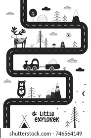 Little explorer - Cute hand drawn nursery poster with road, wild animals and car. Unique card in black and white scandinavian style. Monochrome vector illustration.