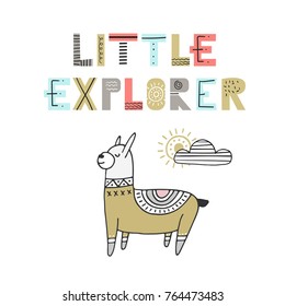 Little explorer - Cute hand drawn nursery poster with handdrawn lettering in scandinavian style. Vector illustration.