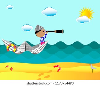 little explorer explorer floating on a paper boat