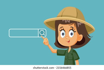 
Little Explorer Girl Searching the Web Vector Cartoon. Curious student wearing safari costume browsing the internet with search bar interface
