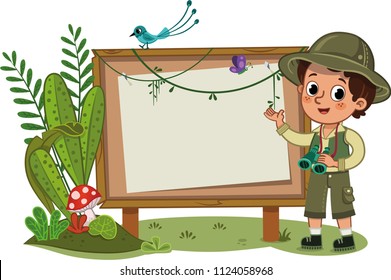 A little explorer standing in front of an empty display board. Vector illustration.