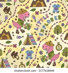 Little explorer t-rex. Colorful seamless pattern. Cute background with dinosaur. Vector illustration.