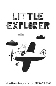 Little explorer - unique hand drawn nursery poster with hand drawn lettering in scandinavian style. Vector illustration.