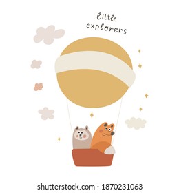 Little explorers. Baby owl and baby fox on hot air balloon. Hand drawn illustration on white background. Best for nursery, greeting card and baby clothes.  