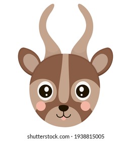 Little face of cartoon bongo antelope with ruddy cheeks on a white background. Isolated head of horned African animal for icon, logo, sticker, DIY project. Vector.