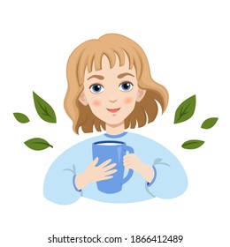 Little fair hair girl with a blue cup of milk
