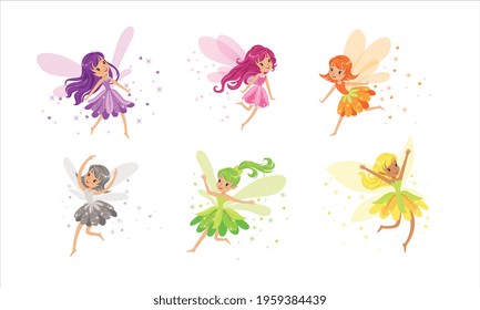 Little Fairies with Wings Set, Lovely Girls with Long Hair Dressed Pretty Colorful Dresses Cartoon Vector Illustration