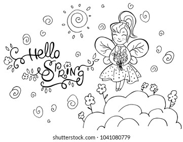 Little fairy with a bouquet flower and lettering Hello Spring isolated on white. Vector illustration of cute girl. Perfect for print, coloring book, greeting card.