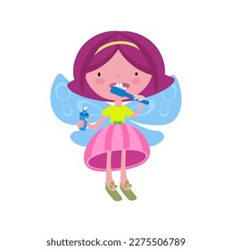 Сute little fairy brushes teeth. Isolated cartoon character on white background. Vector illustration.