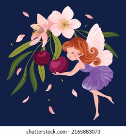 Little fairy with cherry branch and flowers, vector illustration, artwork for children prints, wallpapers, greeting cards, t-shirt prints.