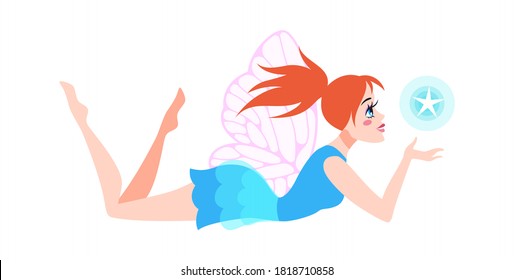 Little fairy. Cute cartoon female character with pink butterfly wings lying, fantasy creature with magic ball, myth of kids fairytale pixie, adorable pretty elf flat vector isolated illustration