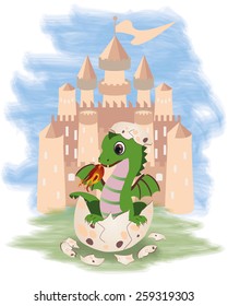 Little fairy dragon and castle, vector illustration