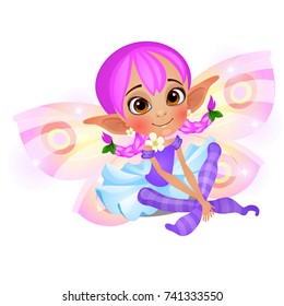 Little fairy elven girl in blue dress with short skirt sitting and smiling isolated on white background. Vector cartoon close-up illustration.
