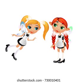Little fairy elven princess in dresses first graders with aprons isolated on white background. Vector close-up cartoon illustration.