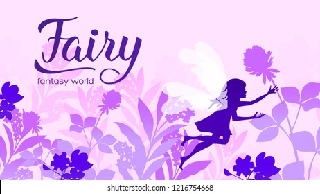 little fairy flies in the grass among the flowers concept. Creatures in fantasy worlds vector illustration design. Nature landscape 