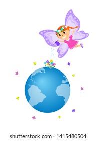  Little fairy girl watering the planet earth from a watering can. Funny cartoon character 