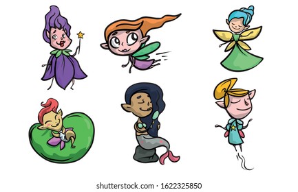 Little fairy girls, enchantresses with wings, mermaids vector illustration