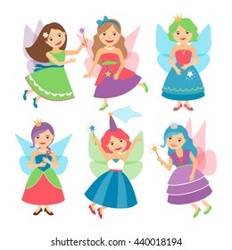 Little fairy girls whith wings and in ball dresses. Vector illustration