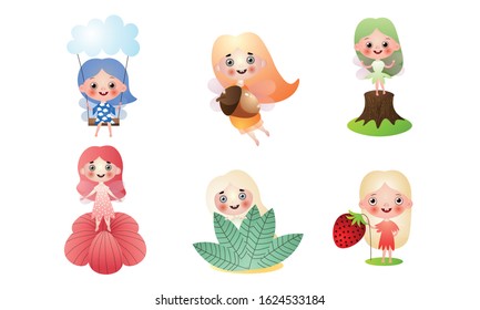 Little fairy girls with wings doing different things vector illustration
