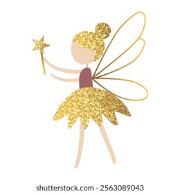 Little fairy in golden shining clothes. Fairytale gentle princess with wings. Cute fairy. 