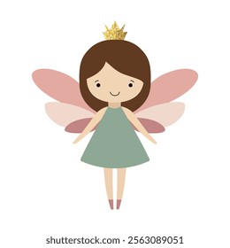 Little fairy in golden shining clothes. Fairytale gentle princess with wings. Cute fairy in minimalist design. 