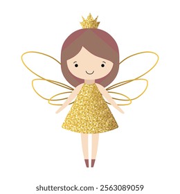 Little fairy in golden shining clothes. Fairytale gentle princess with wings. Cute fairy. 