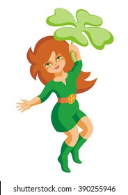 the little fairy holds a leaf of a clover with four petals and dances