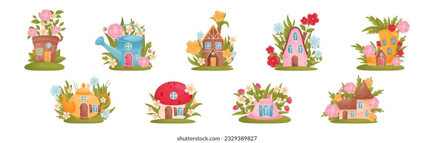 Little Fairy House Among Blooming Garden Flower Vector Set